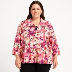 ESHE Floral Abstract Button Front Jacket Pink Purple White 3X